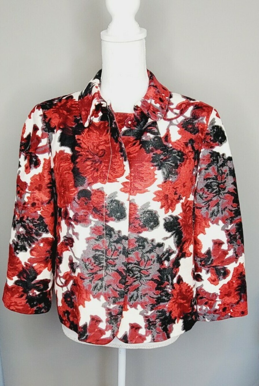 Talbots Red Gray Watercolor Floral Crop Snap Cotton Blend Blazer Jacket 12